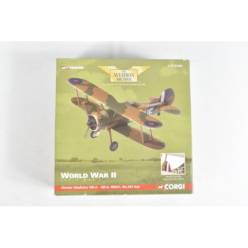 42 - FIVE BOXED 1/72 SCALE DIECAST CORGI AVIATION ARCHIVE MODEL AIRCRAFTS, the first a Gloster Gladiator ... 