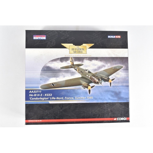 43 - THREE BOXED LIMITED EDITION 1/72 SCALE DIECAST CORGI AVIATION ARCHIVE MODEL AIRCRAFTS, the first a D... 