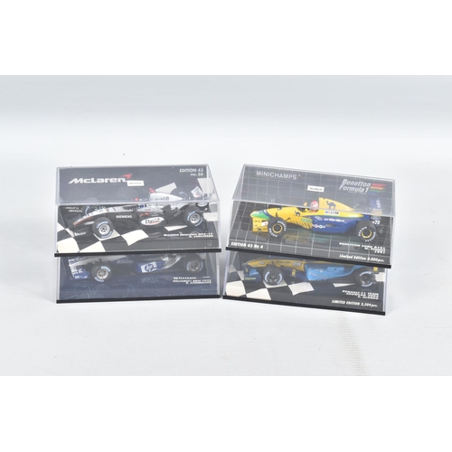 53 - FOUR BOXED MINICHAMPS RACING VEHICLES, to include a McLaren Mercedes MP4-19 D.Coulthard, edition 43 ... 