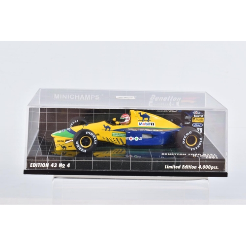 53 - FOUR BOXED MINICHAMPS RACING VEHICLES, to include a McLaren Mercedes MP4-19 D.Coulthard, edition 43 ... 