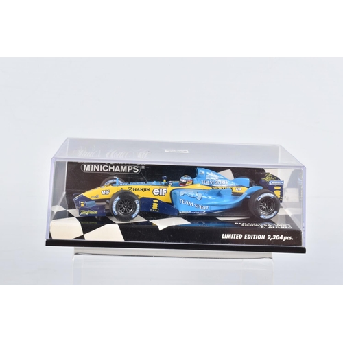 53 - FOUR BOXED MINICHAMPS RACING VEHICLES, to include a McLaren Mercedes MP4-19 D.Coulthard, edition 43 ... 