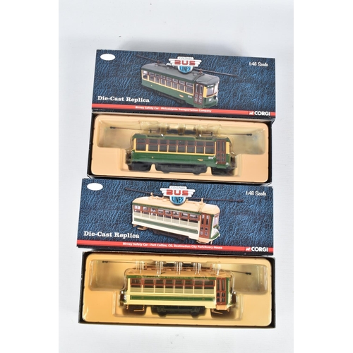 61 - FOUR BOXED 1:48 SCALE CORGI DIECAST REPLICA VINTAGE BUS LINES, to include a Birney Safety Car Philad... 