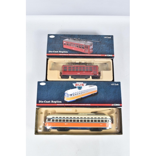 61 - FOUR BOXED 1:48 SCALE CORGI DIECAST REPLICA VINTAGE BUS LINES, to include a Birney Safety Car Philad... 