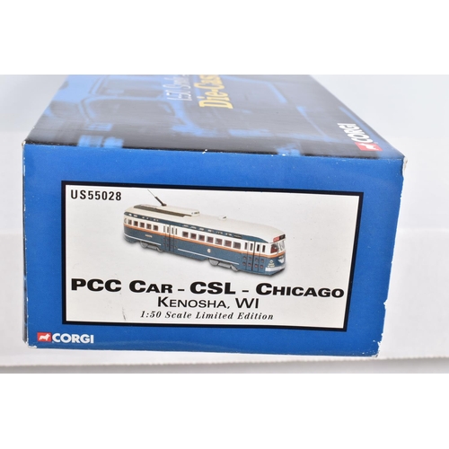 63 - SEVEN BOXED 1:50 SCALE CORGI DIECAST REPLICA VINTAGE BUS LINES PCC STREETCARS , to include a  Brookl... 