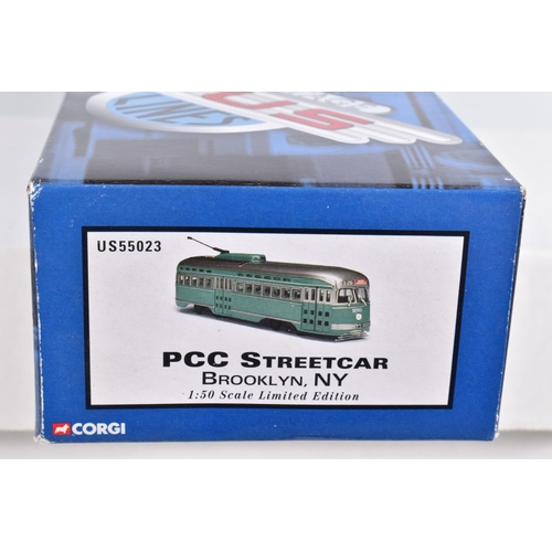 63 - SEVEN BOXED 1:50 SCALE CORGI DIECAST REPLICA VINTAGE BUS LINES PCC STREETCARS , to include a  Brookl... 