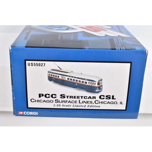 63 - SEVEN BOXED 1:50 SCALE CORGI DIECAST REPLICA VINTAGE BUS LINES PCC STREETCARS , to include a  Brookl... 