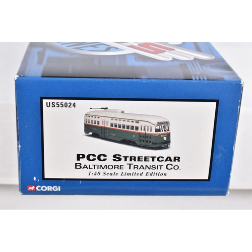 63 - SEVEN BOXED 1:50 SCALE CORGI DIECAST REPLICA VINTAGE BUS LINES PCC STREETCARS , to include a  Brookl... 