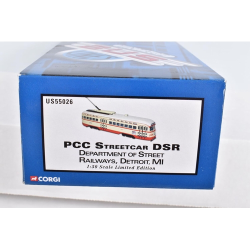 63 - SEVEN BOXED 1:50 SCALE CORGI DIECAST REPLICA VINTAGE BUS LINES PCC STREETCARS , to include a  Brookl... 