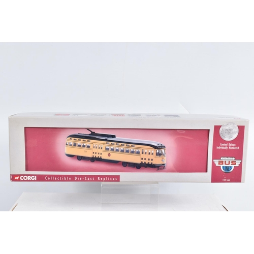 64 - NINE BOXED 1:50 SCALE CORGI DIECAST REPLICA VINTAGE BUS LINES PCC STREETCARS, to include a Capital T... 