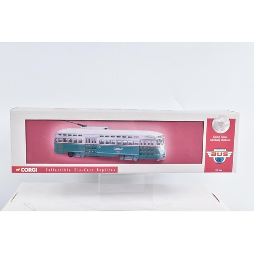 64 - NINE BOXED 1:50 SCALE CORGI DIECAST REPLICA VINTAGE BUS LINES PCC STREETCARS, to include a Capital T... 