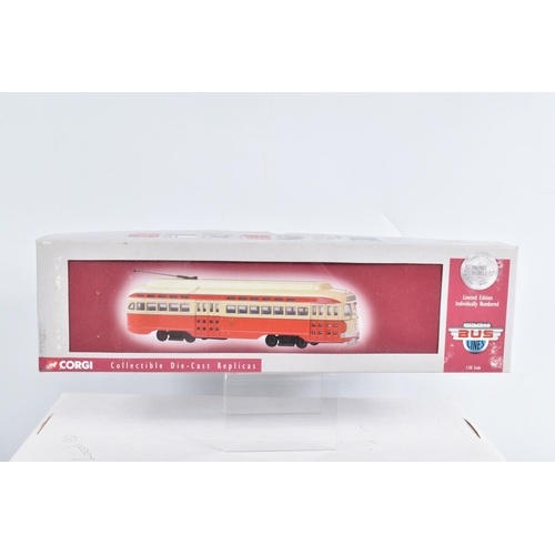 64 - NINE BOXED 1:50 SCALE CORGI DIECAST REPLICA VINTAGE BUS LINES PCC STREETCARS, to include a Capital T... 