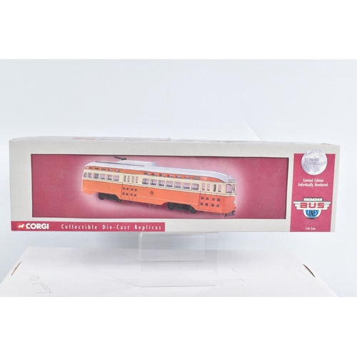 64 - NINE BOXED 1:50 SCALE CORGI DIECAST REPLICA VINTAGE BUS LINES PCC STREETCARS, to include a Capital T... 