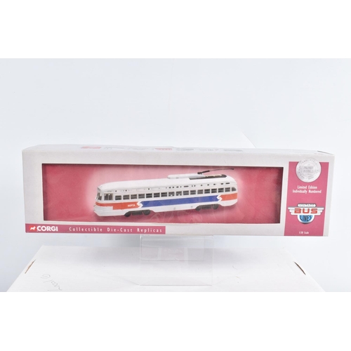 64 - NINE BOXED 1:50 SCALE CORGI DIECAST REPLICA VINTAGE BUS LINES PCC STREETCARS, to include a Capital T... 