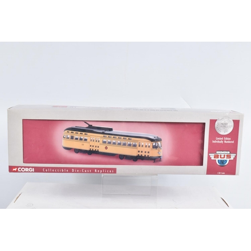 64 - NINE BOXED 1:50 SCALE CORGI DIECAST REPLICA VINTAGE BUS LINES PCC STREETCARS, to include a Capital T... 