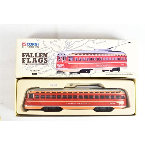 81 - TEN BOXED DIECAST CORGI MODEL PCC STREETCARS (TRAMS), to include two diecast collectibles model tram... 