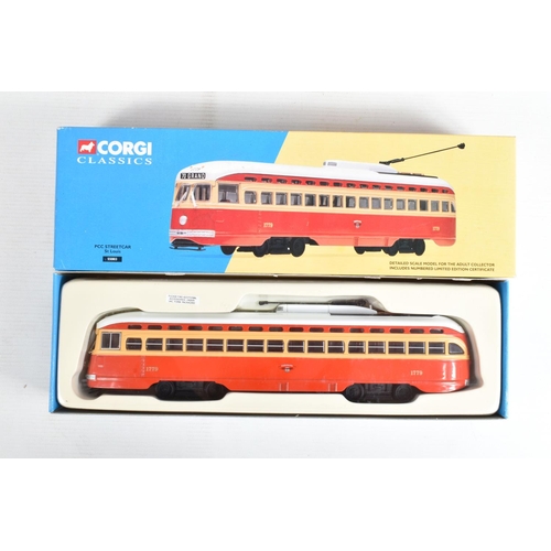 81 - TEN BOXED DIECAST CORGI MODEL PCC STREETCARS (TRAMS), to include two diecast collectibles model tram... 