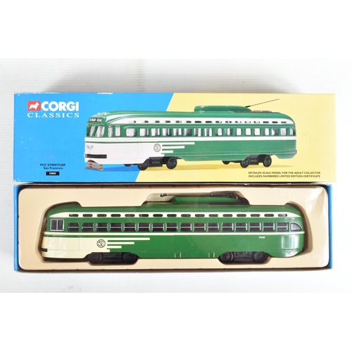 81 - TEN BOXED DIECAST CORGI MODEL PCC STREETCARS (TRAMS), to include two diecast collectibles model tram... 