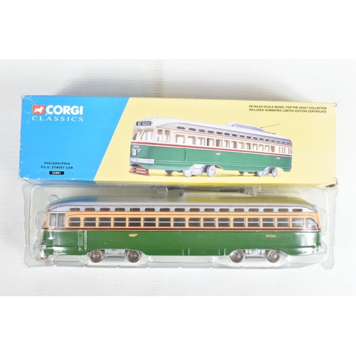 81 - TEN BOXED DIECAST CORGI MODEL PCC STREETCARS (TRAMS), to include two diecast collectibles model tram... 