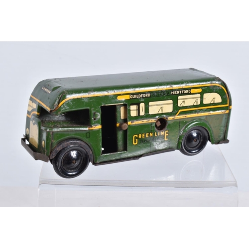 106 - AN UNBOXED WELLS BRIMTOY POCKETOY TIN PLATE GREEN LINE TRANSPORT BUS MODEL, green body with yellow d... 