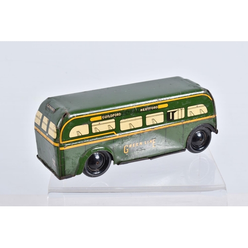 106 - AN UNBOXED WELLS BRIMTOY POCKETOY TIN PLATE GREEN LINE TRANSPORT BUS MODEL, green body with yellow d... 