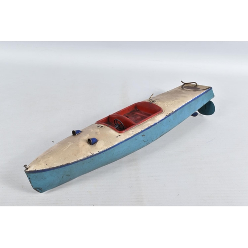 122 - A HORNBY TINPLATE CLOCKWORK SPEED BOAT 'Venture', No.4, not tested, no key, blue hull with white dec... 