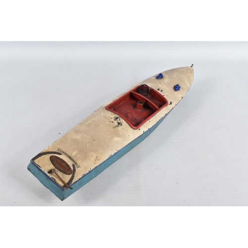 122 - A HORNBY TINPLATE CLOCKWORK SPEED BOAT 'Venture', No.4, not tested, no key, blue hull with white dec... 