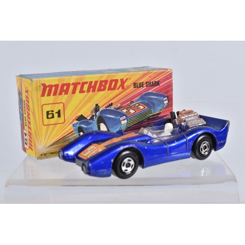 129 - SIX BOXED MATCHBOX SUPERFAST DIECAST MODEL VEHICLES, the first a no. 61 Blue Shark, blue body number... 