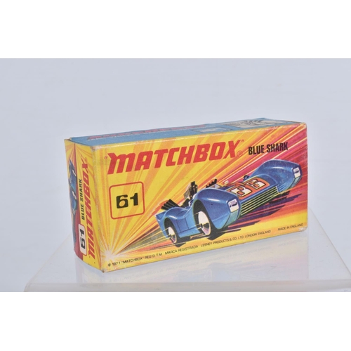 129 - SIX BOXED MATCHBOX SUPERFAST DIECAST MODEL VEHICLES, the first a no. 61 Blue Shark, blue body number... 