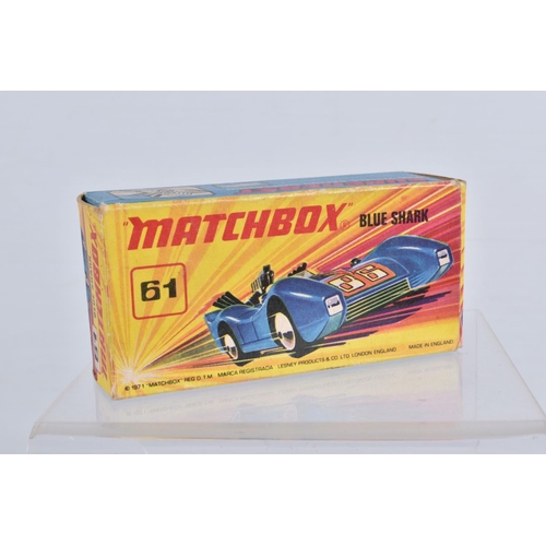 129 - SIX BOXED MATCHBOX SUPERFAST DIECAST MODEL VEHICLES, the first a no. 61 Blue Shark, blue body number... 