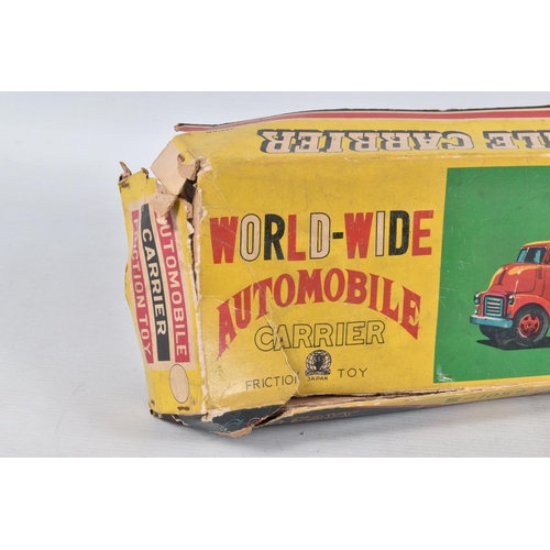 140 - A BOXED SSS INTERNATIONAL (JAPAN) TINPLATE FRICTION DRIVE ARTICULATED AUTOMOBILE CARRIER AND FOUR CA... 