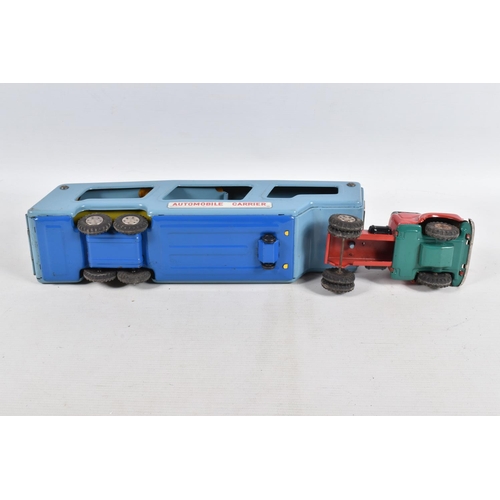 140 - A BOXED SSS INTERNATIONAL (JAPAN) TINPLATE FRICTION DRIVE ARTICULATED AUTOMOBILE CARRIER AND FOUR CA... 