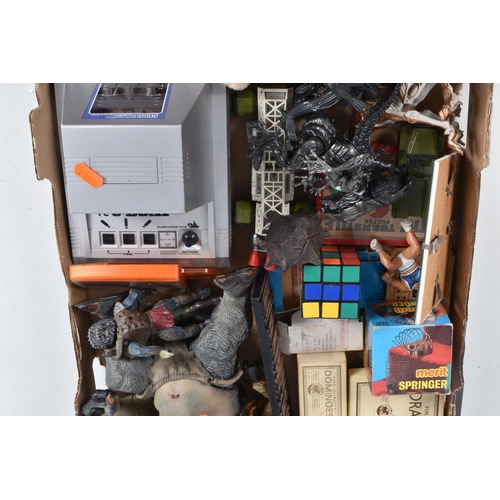 150 - A COLLECTION OF BOXED GAMES, UNBOXED MODEL TOYS AND FIGURINES, to include a boxed Lego 722 which app... 