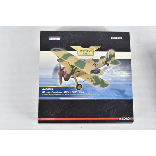 158 - FOUR BOXED LIMITED EDITION 1/72 SCALE CORGI AVIATION ARCHIVE DIECAST MODEL AIRCRAFTS, the first is a... 