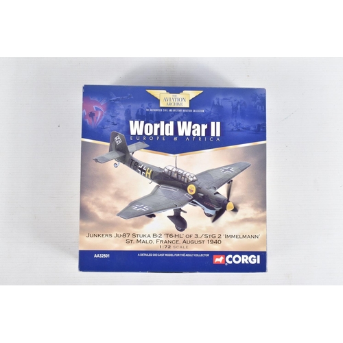 160 - THREE BOXED 1/72 SCALE CORGI AVIATION ARCHIVE DIECAST MODEL AIRCRAFTS, the first is a Junkers Ju, nu... 