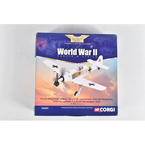 160 - THREE BOXED 1/72 SCALE CORGI AVIATION ARCHIVE DIECAST MODEL AIRCRAFTS, the first is a Junkers Ju, nu... 