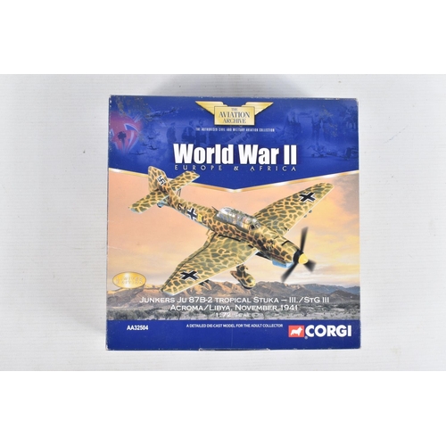 160 - THREE BOXED 1/72 SCALE CORGI AVIATION ARCHIVE DIECAST MODEL AIRCRAFTS, the first is a Junkers Ju, nu... 