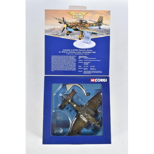 160 - THREE BOXED 1/72 SCALE CORGI AVIATION ARCHIVE DIECAST MODEL AIRCRAFTS, the first is a Junkers Ju, nu... 