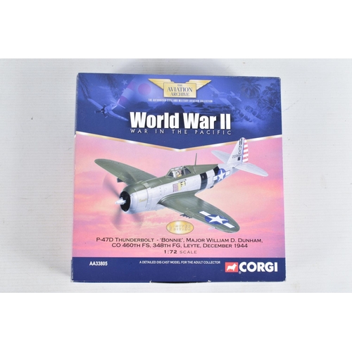 161 - FOUR BOXED 1/72 SCALE CORGI AVIATION ARCHIVE DIECAST MODEL AIRCRAFTS, the first is a F4U-1 Corsair, ... 