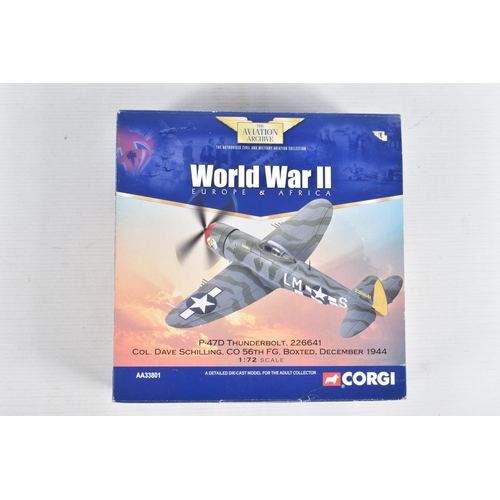 161 - FOUR BOXED 1/72 SCALE CORGI AVIATION ARCHIVE DIECAST MODEL AIRCRAFTS, the first is a F4U-1 Corsair, ... 