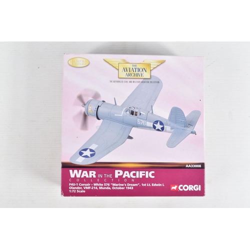 161 - FOUR BOXED 1/72 SCALE CORGI AVIATION ARCHIVE DIECAST MODEL AIRCRAFTS, the first is a F4U-1 Corsair, ... 