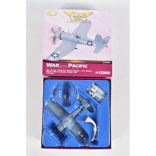 161 - FOUR BOXED 1/72 SCALE CORGI AVIATION ARCHIVE DIECAST MODEL AIRCRAFTS, the first is a F4U-1 Corsair, ... 