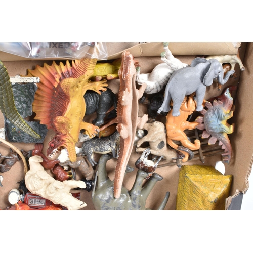 183 - TWO TRAYS OF LOOSE PLASTIC AND COLD PAINTED LEAD FARMYARD, DINOSAUR AND SAFARI ANIMALS, also include... 