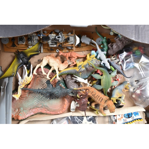 183 - TWO TRAYS OF LOOSE PLASTIC AND COLD PAINTED LEAD FARMYARD, DINOSAUR AND SAFARI ANIMALS, also include... 