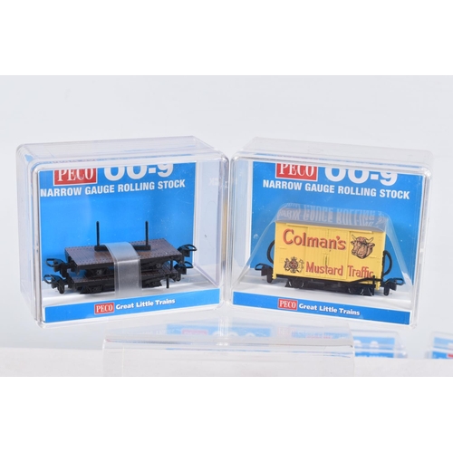 309 - ELEVEN CASED PECO OO-9 NARROW GAUGE ROLLING STOCK,  to include a Box Van, 'Colemans Mustard', item n... 