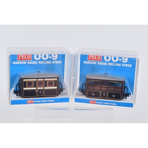 310 - SEVEN CASED PECO OO-9 NARROW GAUGE ROLLING STOCK, to include three of the FR Bug Box Coach, 3rd Clas... 