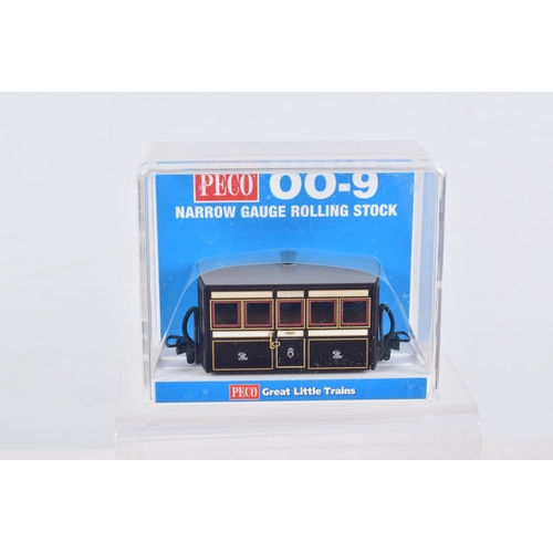 310 - SEVEN CASED PECO OO-9 NARROW GAUGE ROLLING STOCK, to include three of the FR Bug Box Coach, 3rd Clas... 