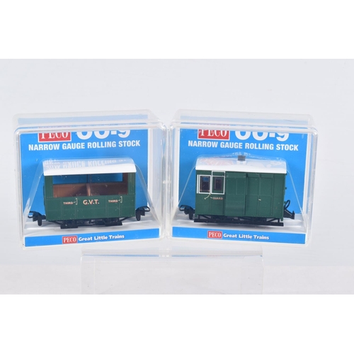 311 - EIGHT CASED PECO OO-9 NARROW GAUGE ROLLING STOCK, to include two of the Glyn Valley Tramway 4 Wheel ... 