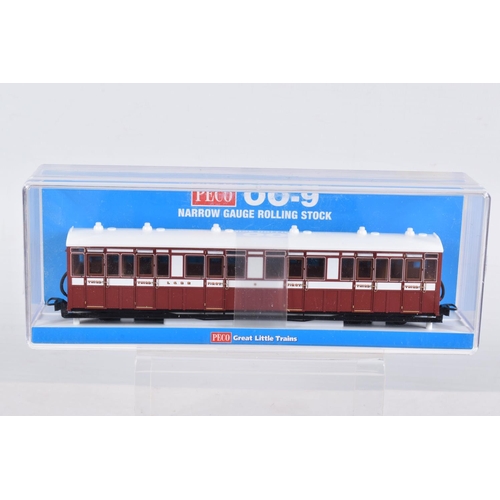 312 - FIVE CASED PECO OO-9 NARROW GAUGE ROLLING STOCK, to include a Composite Coach, L&B Livery, no. 5, it... 