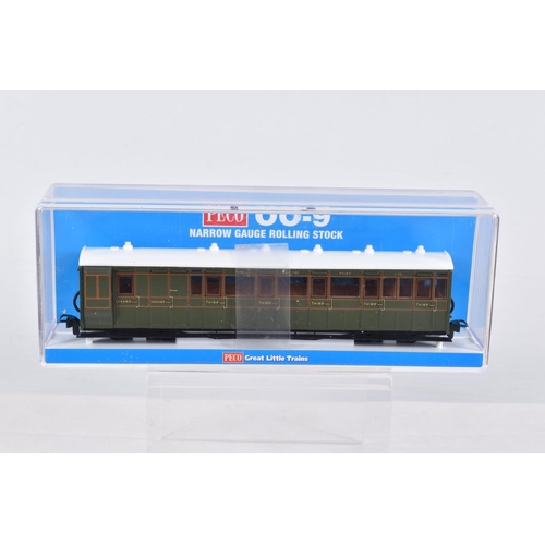 312 - FIVE CASED PECO OO-9 NARROW GAUGE ROLLING STOCK, to include a Composite Coach, L&B Livery, no. 5, it... 