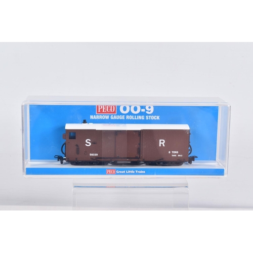 313 - FIVE CASED PECO OO-9 NARROW GAUGE ROLLING STOCK, to include an Open Wagon, no. 28308 in SR Livery, i... 